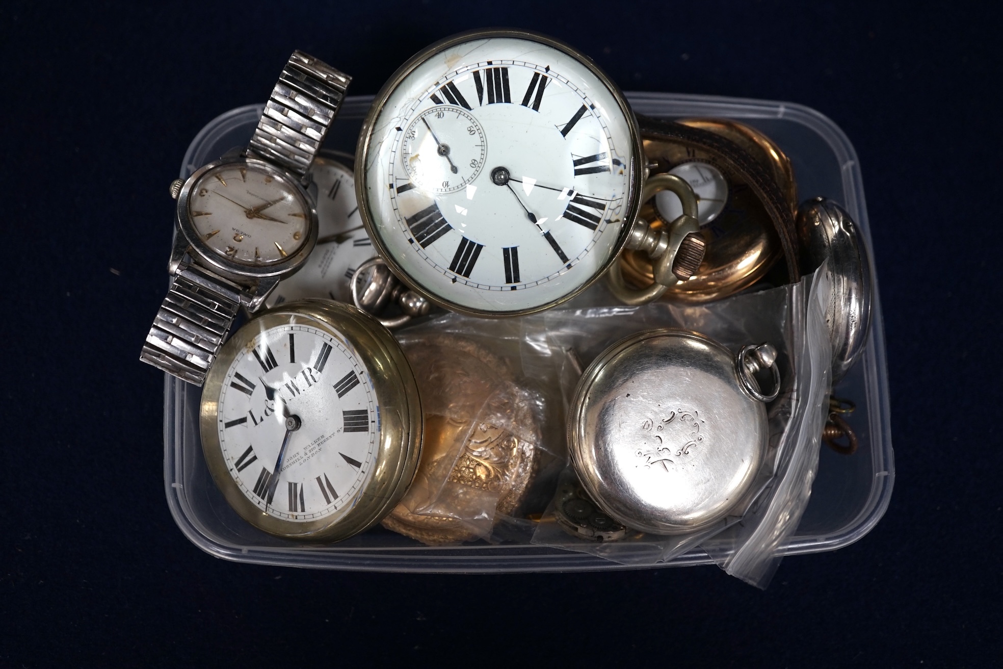 A gentleman's stainless steel Omega Seamaster manual wind wrist watch, nine assorted pocket watches, etc. including Hebdomas, a watch tool and a quantity of watch keys. Condition - poor to fair.